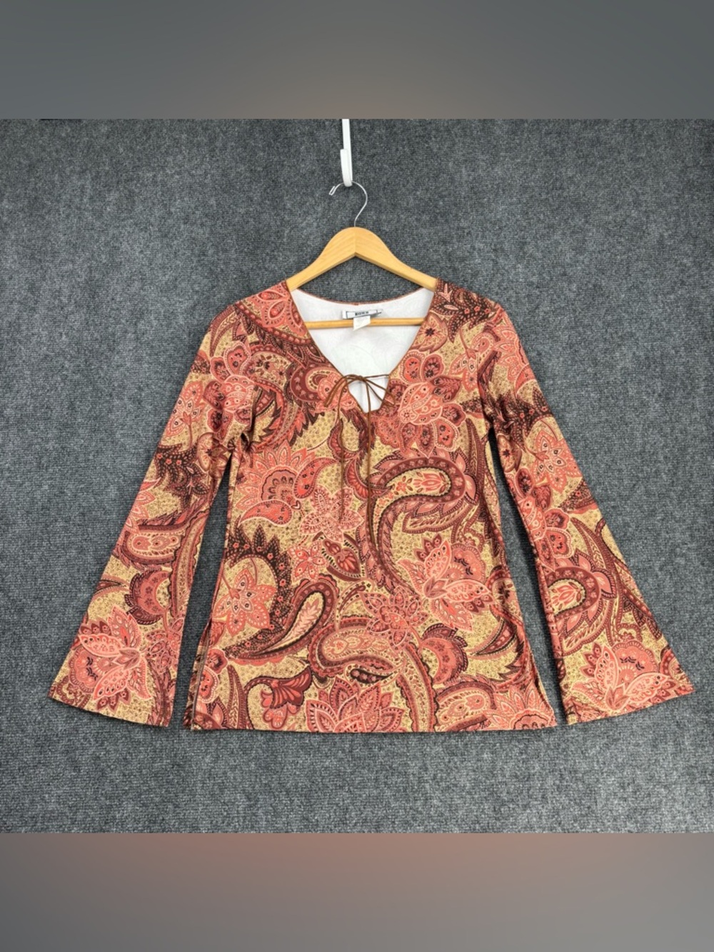 Obe Orange & Brown Paisley Tunic Top Women’s L Y2K Boho Fairy Grunge Made In USA